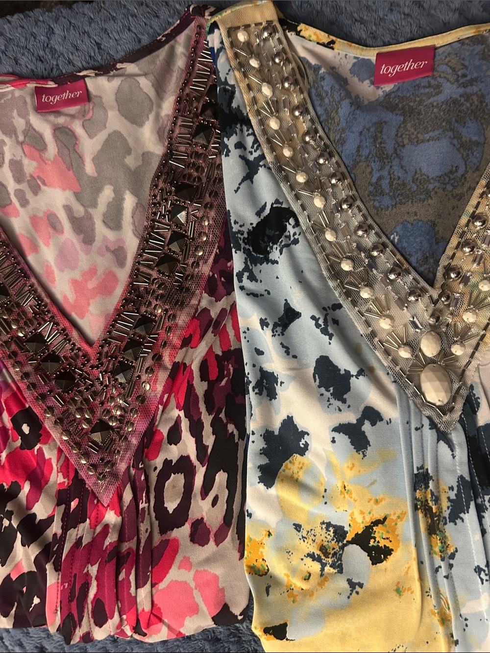 Together Beaded V-Neck Tunics in Pink Mix and Light Blue Mix